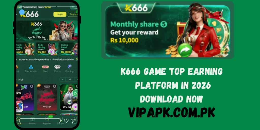 K666 Game earning platform banner with mobile app interface and rewards