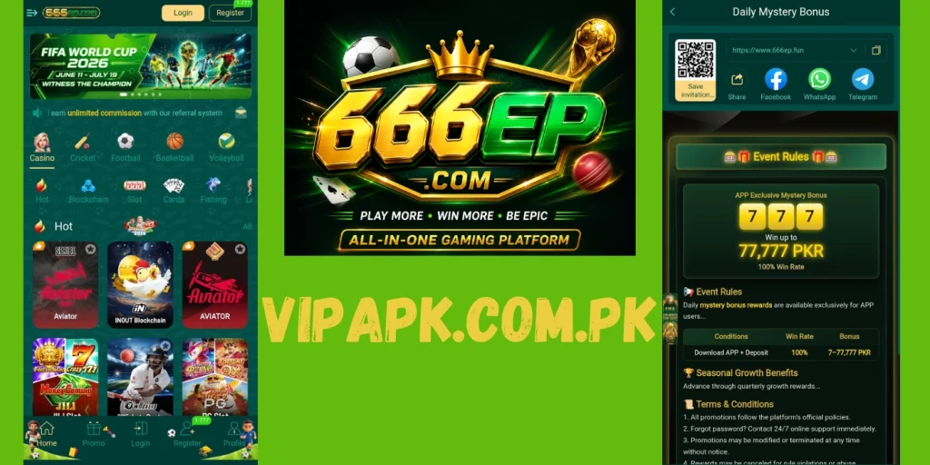 666EP Game app interface showing casino games, sports betting options, and a daily mystery bonus reward screen.
