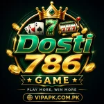Dosti786 Game official logo with golden crown, casino symbols, and VIPAPK.COM.PK branding