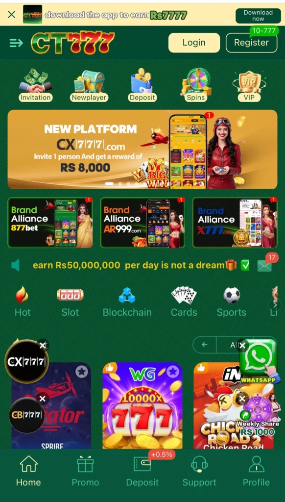 CT777 Game home page screen
