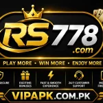 RS778 Game logo banner featuring a golden crown, premium black and gold design, gaming icons, and VIPAPK.COM.PK branding.