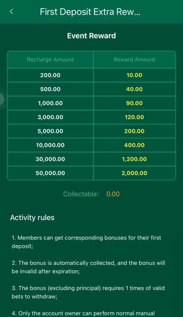 Platform first deposit extra rewards