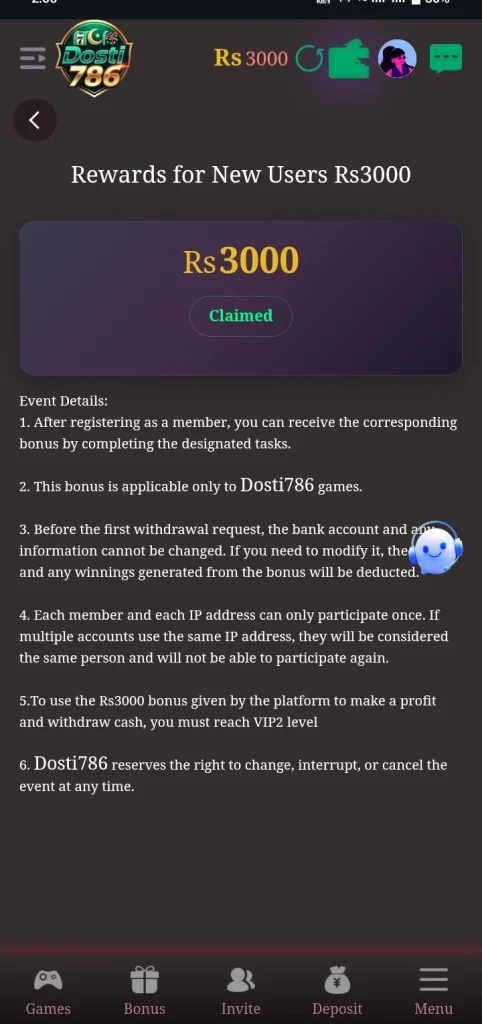 Dosti786 game new user register 3000 commission