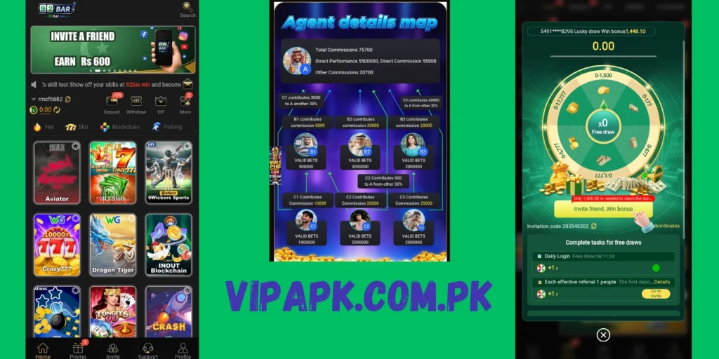 92Bar Game app interface showing rewards, referral system, and game dashboard