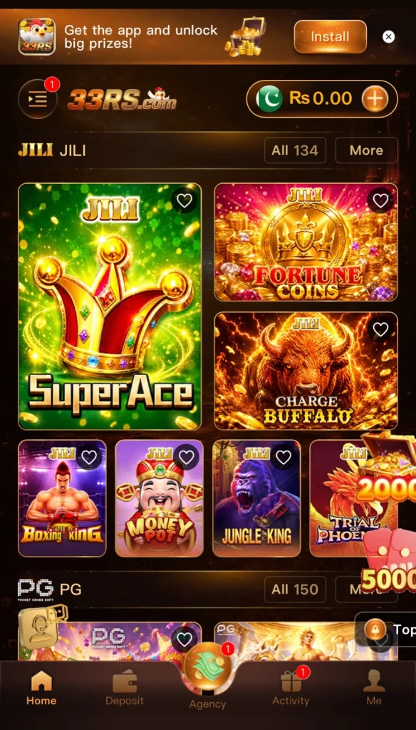 33RS Game main lobby showing available games like Teen Patti and slots