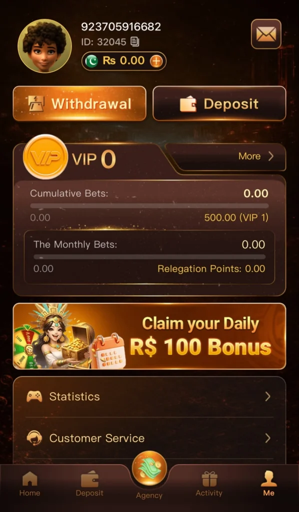 33RS Game wallet showing successful JazzCash deposit of Rs 500