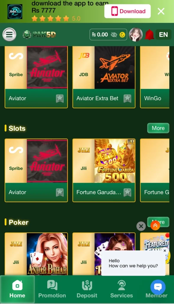 PAk5d Game App screen