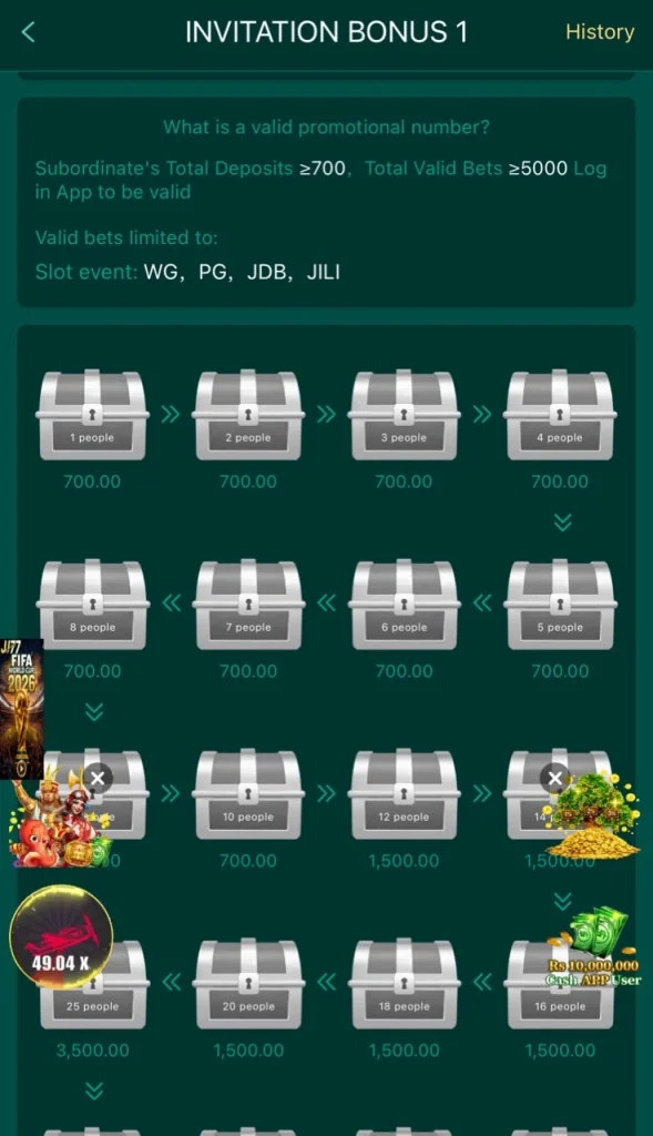 JJ77 Game invite friends 1 valid user 1000 commission