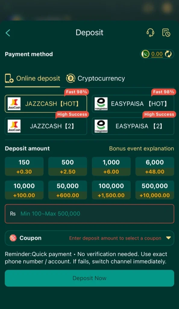 deposit on platform easypaisa and jazzcash